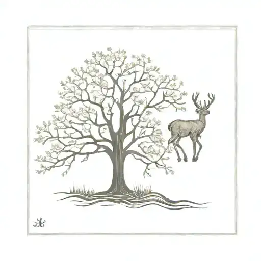 Small Oak Tree With Female Deer