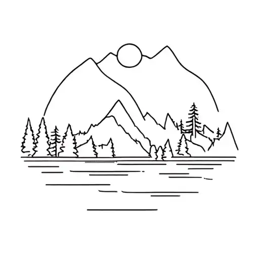 Mountains And Trees And Water With Stick Figures