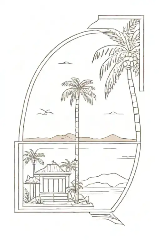 An Oriental Windows With Palm Tree And Islands In It