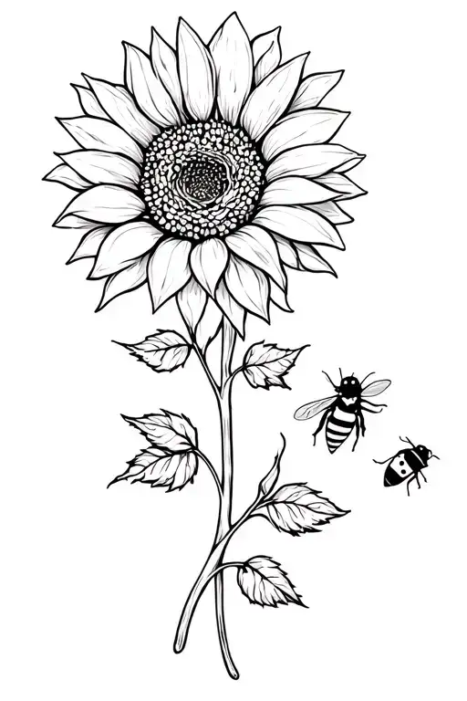 Sunflower Intertwined With A Rose And A Ladybug On Its Leaf And A Bee Flowing Towards It