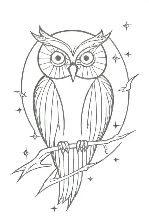 Cool Half Owl Tattoo With Minimalist And Clean Lines Sun Rays And Lightning In The Background