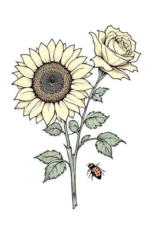 Sunflower Intertwined With A Rose And A Ladybug On Its Leaf And A Bee Flowing Towards It