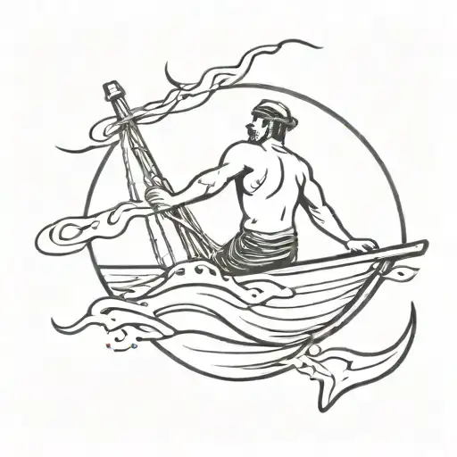 Seaman Overcoming The Waves Crashing In His Boat Anchor Hanging