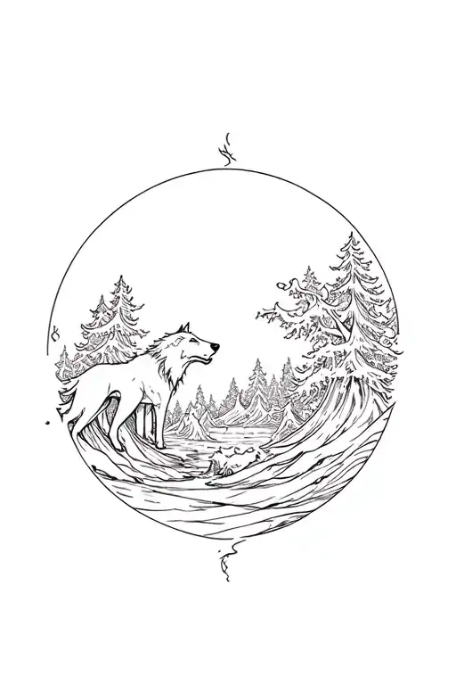 Wave Crashing Forest Landscape With Wolf And Devil