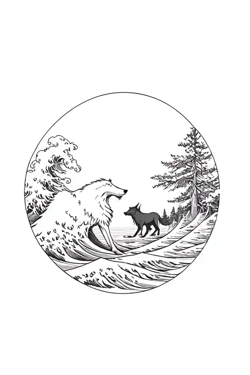Wave Crashing Near A Forest Landscape With Wolf And Devil Standing Side By Side