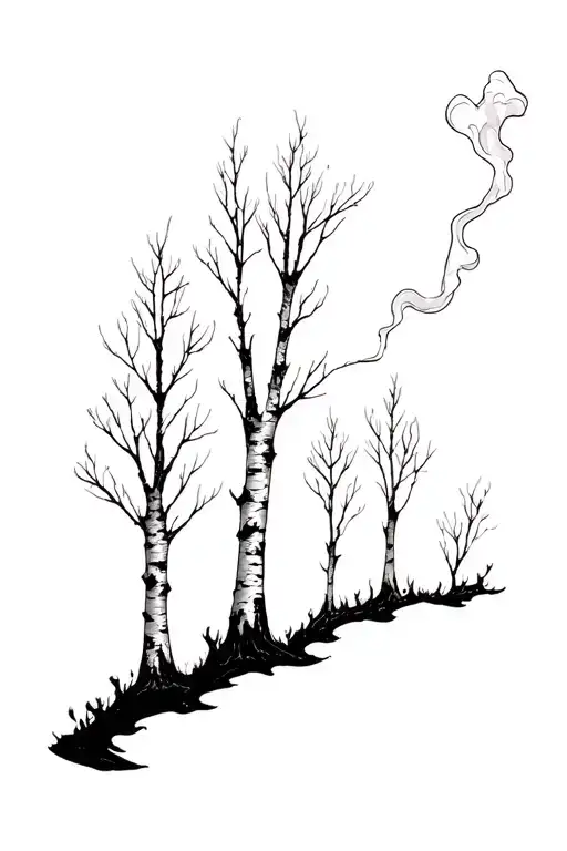 Three White Birch Tree Fire And Smoke
