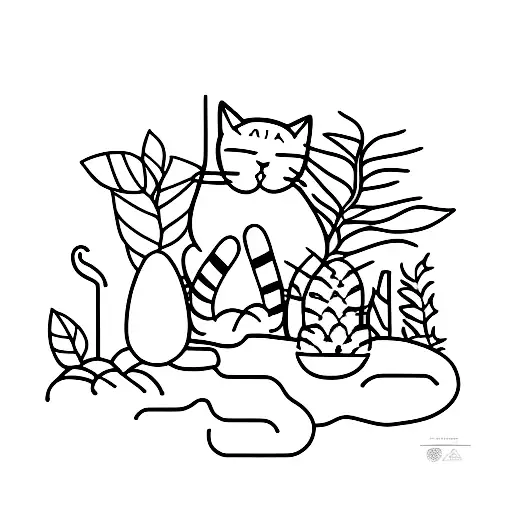 Sleeping Cat Surrounded By Plants