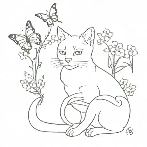 Cat And Forget-me-not Flower And Butterflies