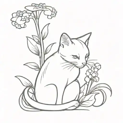 Cat Looks At The Forget-me-not Flower