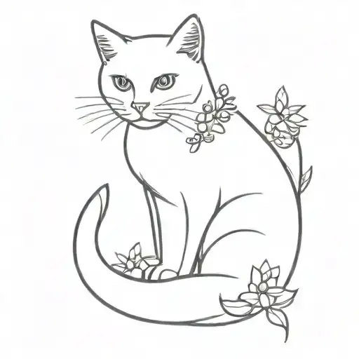 Cat Sketch Next To Forget-me-not Flower