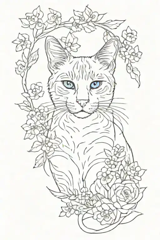 Cat Outline Looks At The Forget-me-not Flower