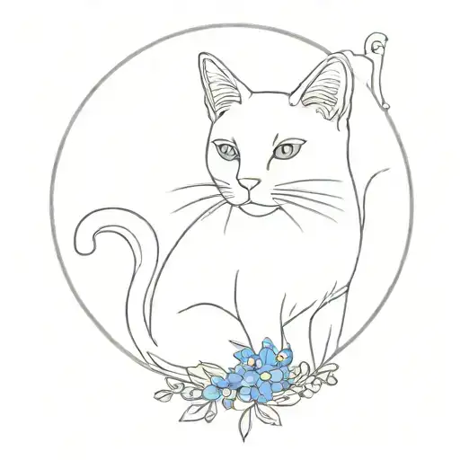 Cat Outline Looks At The Forget-me-not Flower