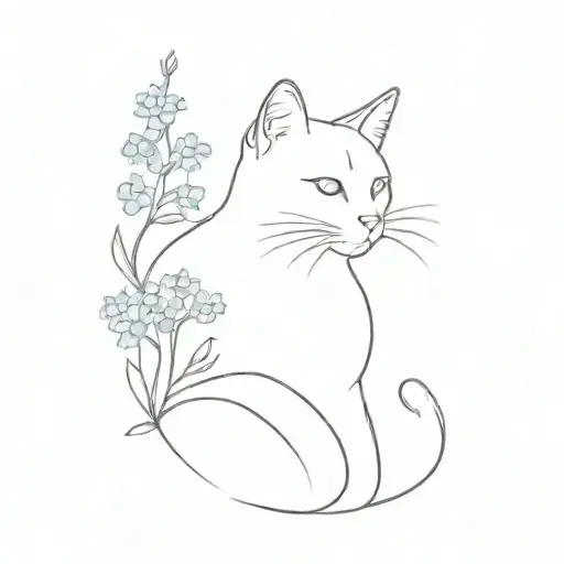 Cat Outline Looks Up At The Forget-me-not Flower