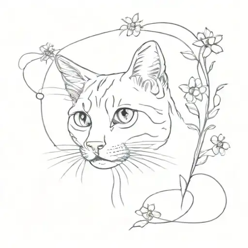 Cat Only Outline Looks Up At The Forget-me-not Flower