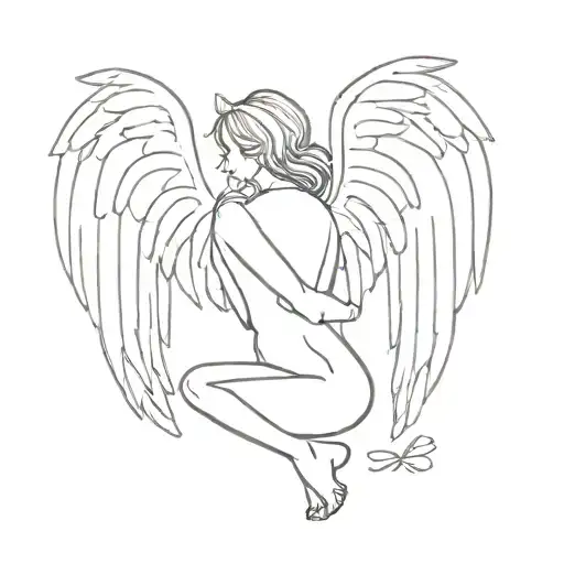 Silouette Of A Girl With Angel Wings That Hugs Herself