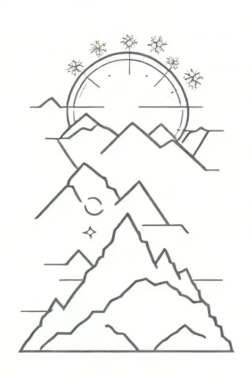 Mountain Range With A Snowflake Sun Rising