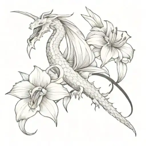 White Dragon With Liliums Dragonflies Minimalist
