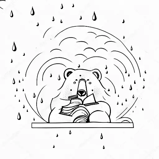 A Minimalist Tattoo Of A Bear Reading A Book Under A Rain Cloud