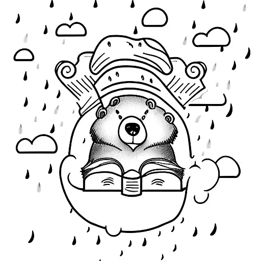 A Tattoo Of A Bear Reading A Book Under A Rain Cloud
