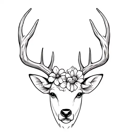 Deer Horns Without Head And On One Side Flowers