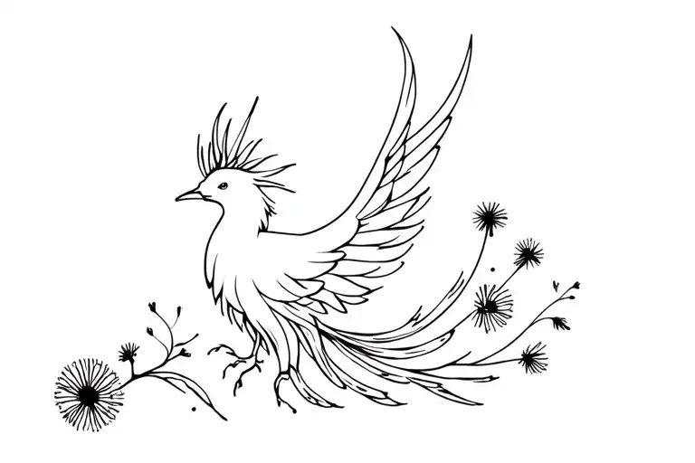 Minimalist Phoenix Bird With Dandelions Emerging From Its Tail
