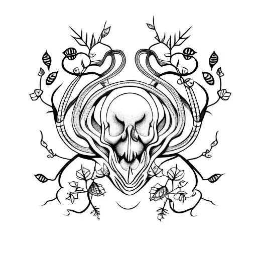 A Minimalist Tattoo Of A Snake Skull Intertwined With Delicate Vines And Ferns