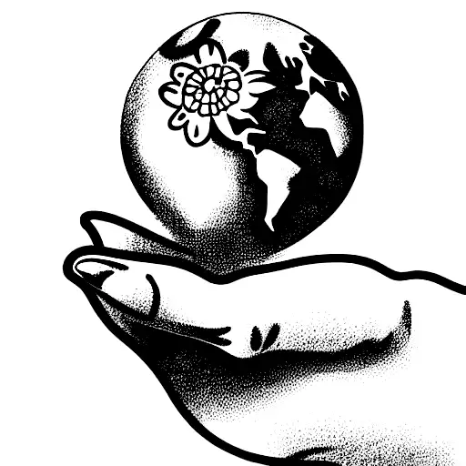 Women's Hand Holding A Globe With Flowers Wrapping Over It
