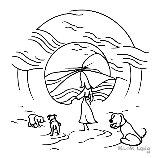 A Silhouette Of A Woman Walking Her Dogs On A Beach During Sunset