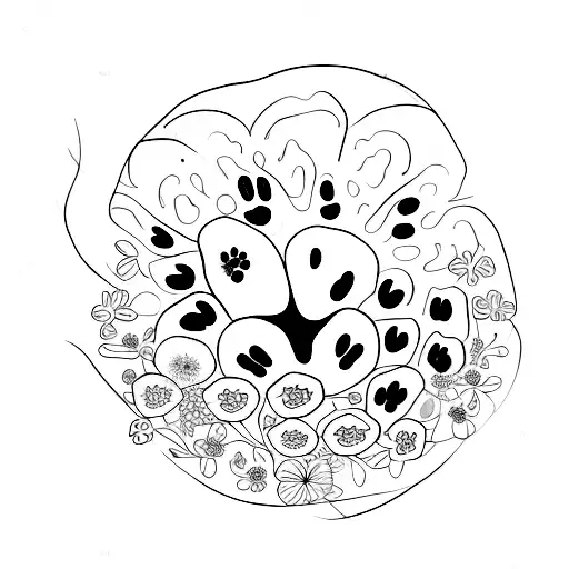 A Delicate Line Drawing Of A Dog's Paw Print Surrounded By Flowers