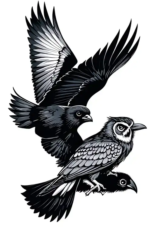 Raven And Owl Flying Together