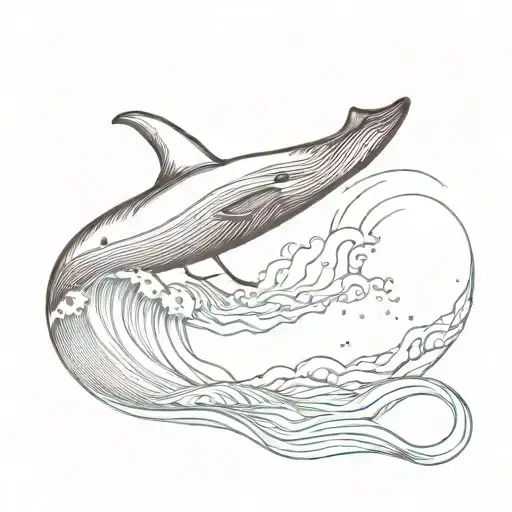 Ocean Wave Line With Whale Tale Coming Out Of Wave And Female Scuba Diver Underneath Wave