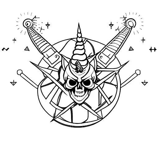 A Minimalist Tattoo Of A Metal Skull With A Unicorn Horn Piercing Through It
