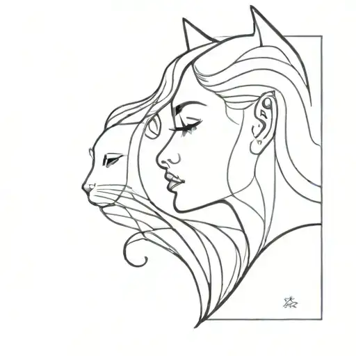 Cat And Lady Head With Long Hair