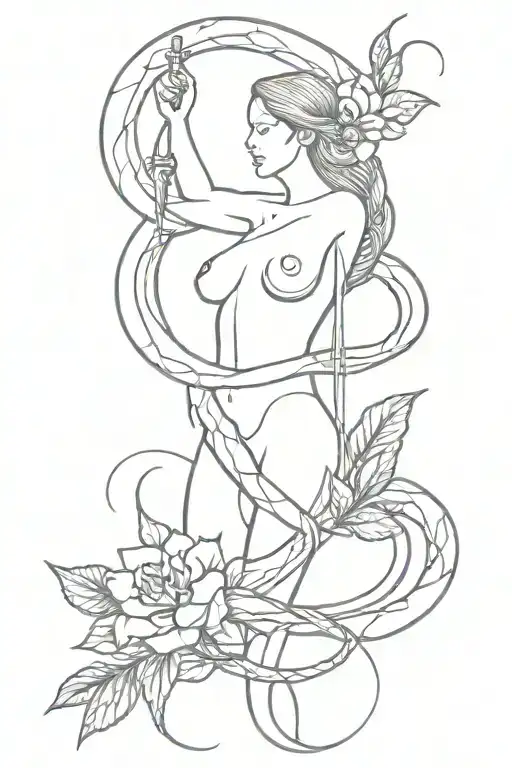 Fineline Tattoo Of A Woman Body Or A Sword And A Snake Rolling Around It With Blooming Flowers