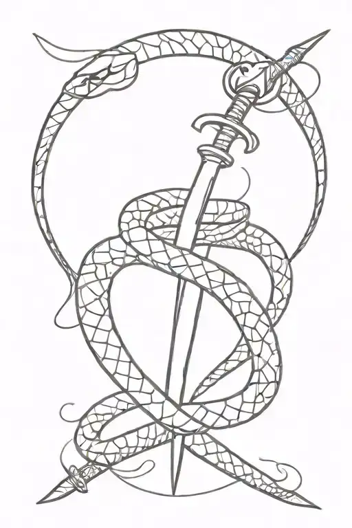 Fine Line Tattoo Snake Around Sword Wrapped