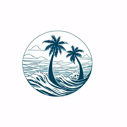 Palm Trees With A Circle Filled With Wave Behind It