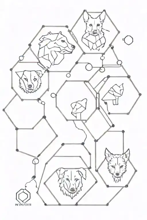 A Set Of Five Connected Hexagons Each Containing A Portrait Of A Different Pet