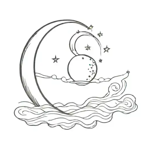 Crescent Surrounded By The Ring Of Saturn With A Group Of Small Stars And Sea Waves