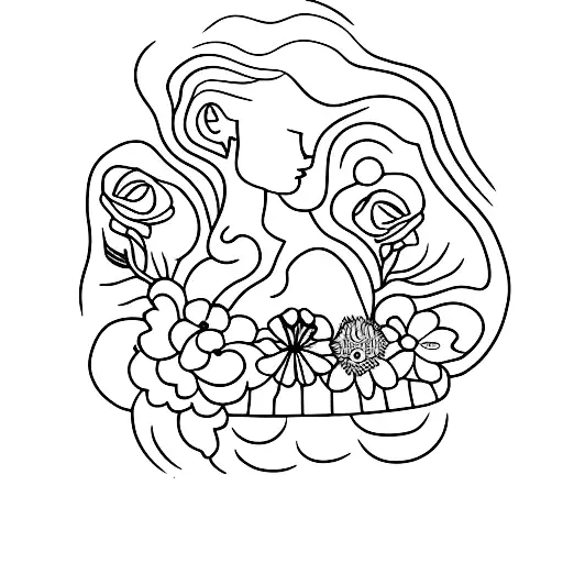 A Minimalist Tattoo Of A Woman's Body Holding A Beer Bottle With Flowers In The Background