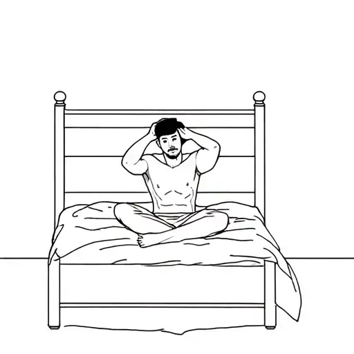 Guy Who Is Thinking Sitting In His Bed With Legs On The Floor And Both Of His Hands On His Head