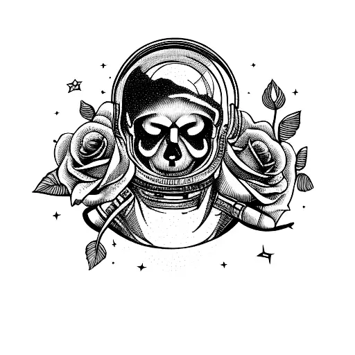 A Skull Of An Astronaut In Space Helmet And Roses With Planets And Stars In The Background