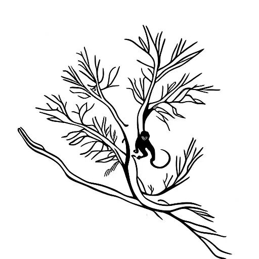 A Minimalist Tattoo Of A Primate Swinging From A Tree Branch In An African Savanna