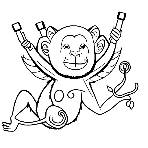 A Minimalist Tattoo Of A Primate Swinging From A Tree Branch In An African Savanna