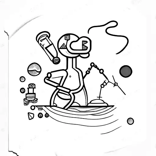 A Minimalist Tattoo Of A Chemist Mixing Colors On A Beach