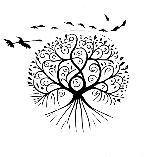 Sketch-style Tree Of Life With Birds Flying Out Of The Branches