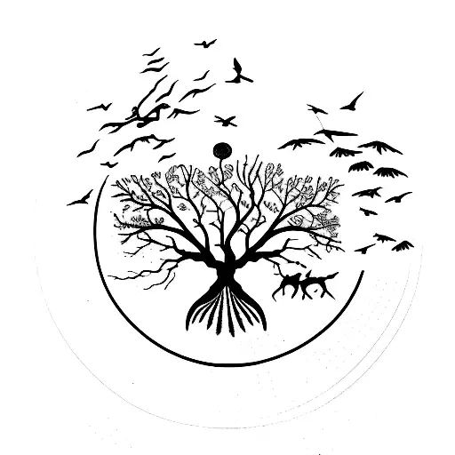 Sketch-style Tree Of Life With Birds Flying Out Of The Branches