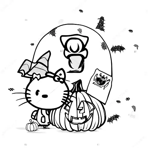A Spooky Halloween-themed Hello Kitty Surrounded By Pink Pumpkins And Bats