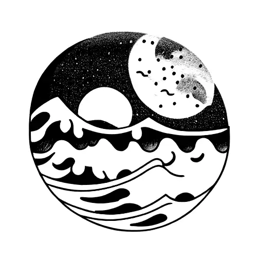 Ocean Wave With Moon And A Wolf