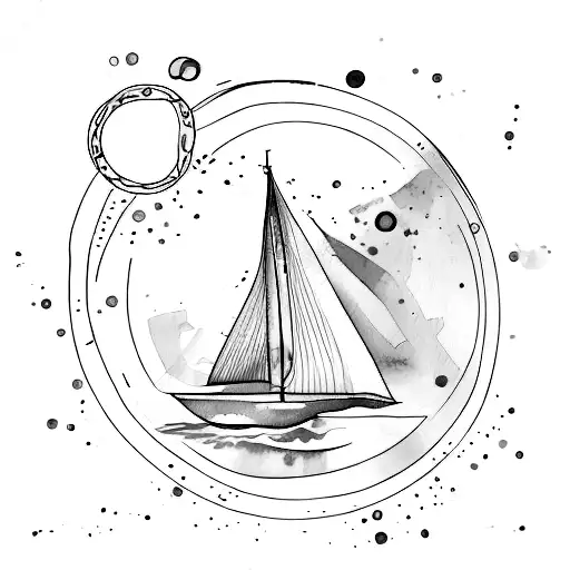 A Sketch-style Design Of A Sailboat With Watercolor Splashes