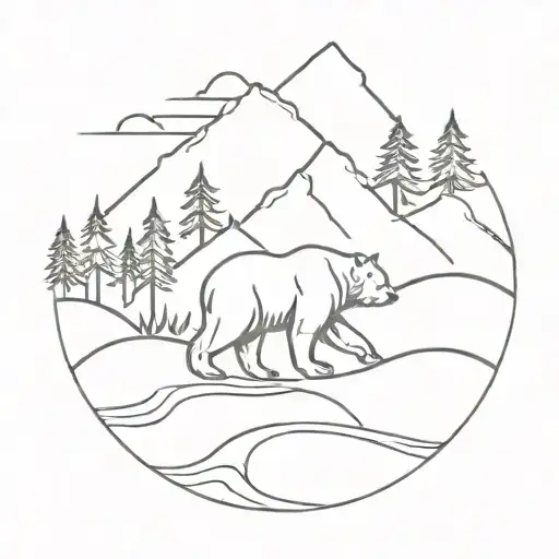 Nature Tattoo Mountains Stream Trees Big Bear And Bear Cub